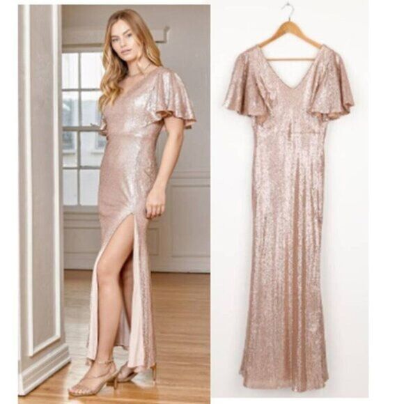Lulus  Rose Gold Sequin  Bodice Fluttery Sleeves Maxi Dress Cocktail Rose XS - Picture 4 of 7